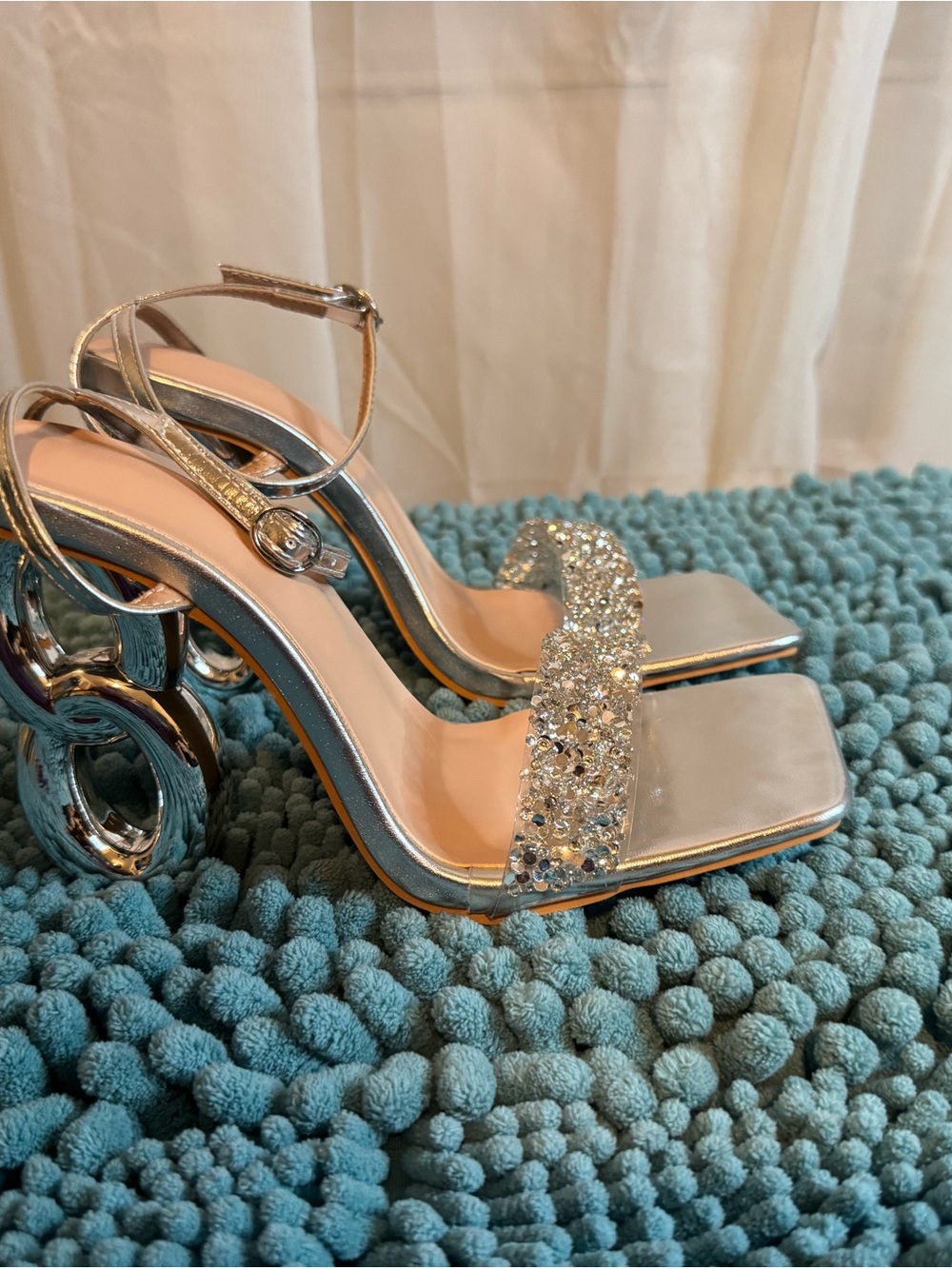 Silver Rhinestone Sculptural Heel Sandals NWOT Size 37/6